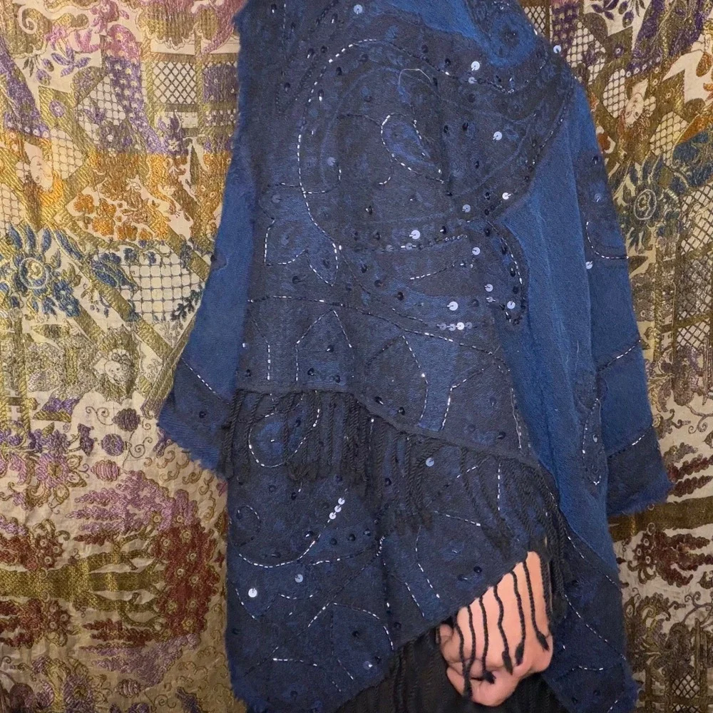 Whimsigoth Blue Black Beaded Sequin Floral Goth Fairy Fringe Scarf/Shawl